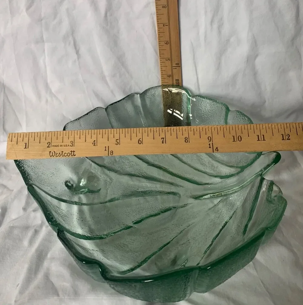 VTG MCM RETRO DEPRESSION GREEN LEAF FOOTED large GLASS BOWL DISH ART DECOR
